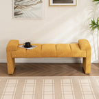 Boucle End of Bed Bench Upholstered Modern Bedroom Bench Channel Tufted Window Bench Comfy Long Ottoman for Living Room/Hallway/Indoor (Mustard, 60" Curved Arm)