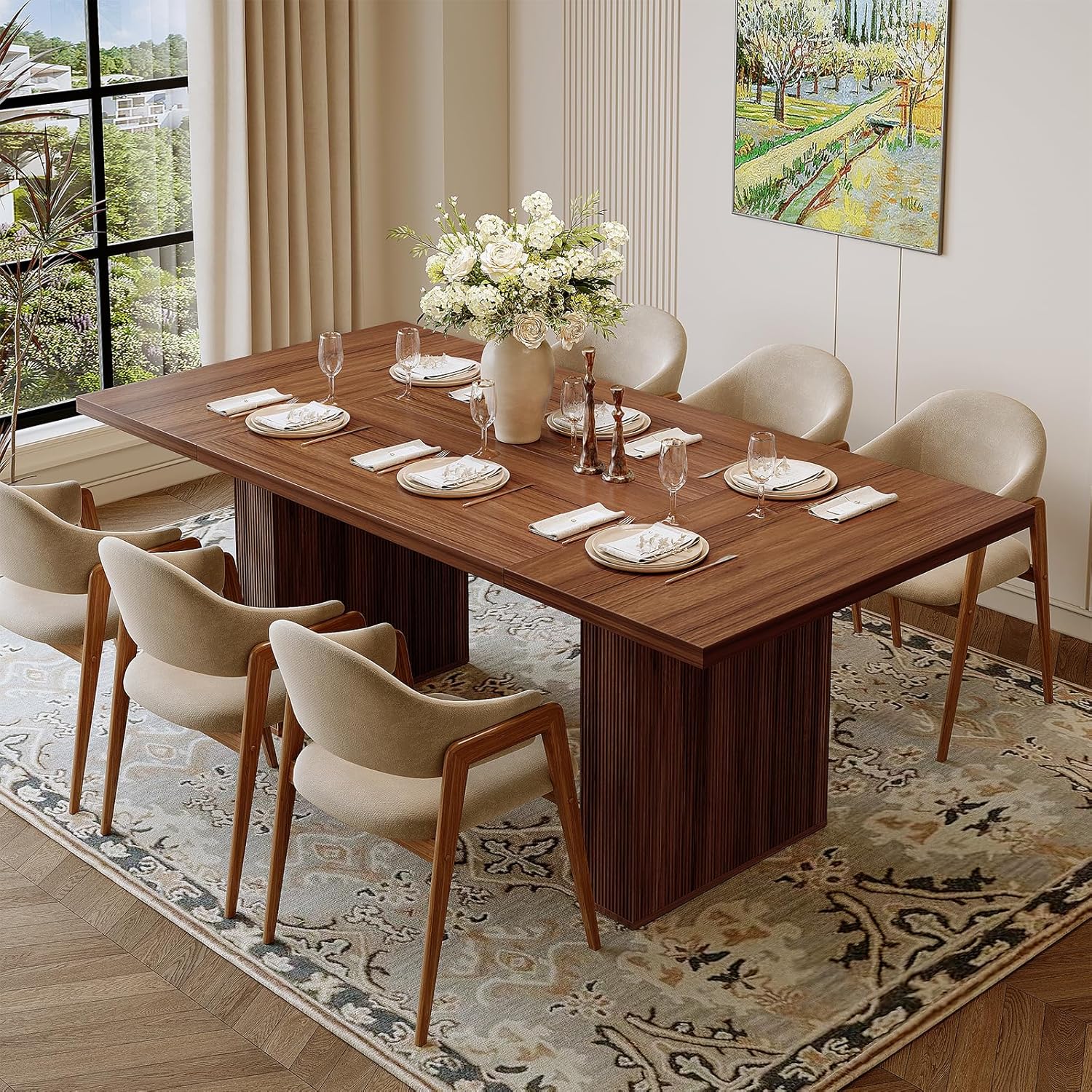 Miereirl 78 Inch Rectangular Dining Table for 6-8 People, Large Modern Farmhouse Kitchen Table with Grooved Wood-Strip Base, Perfect for Dining Room or Family Gathering, Walnut