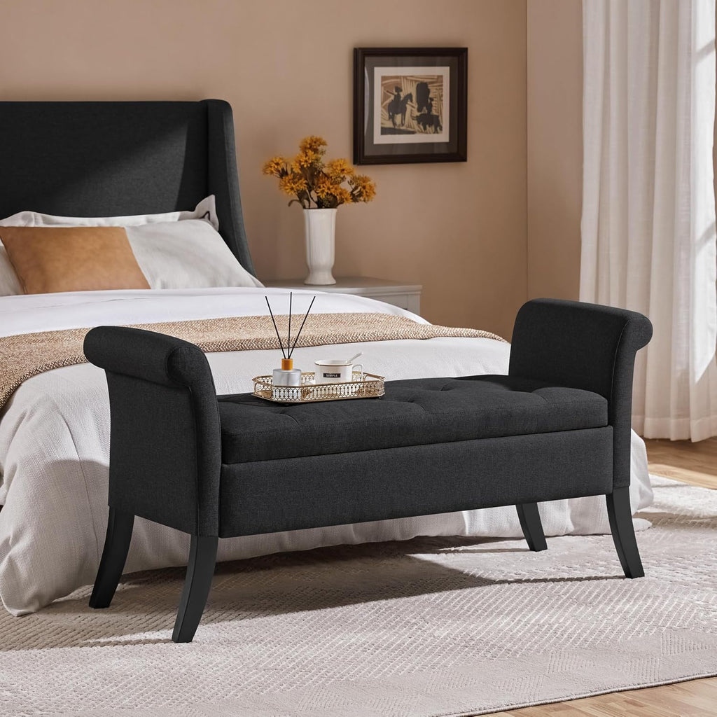 Yaheetech 52in Rolled Arm Storage Ottoman Bench Seat for Entryway, Black | Button-Tufted Bench Seat with 1.9C Storage Space, Rolled Arms, Wood legs, Metal Hinges, for Living Room Window Seat Entryway