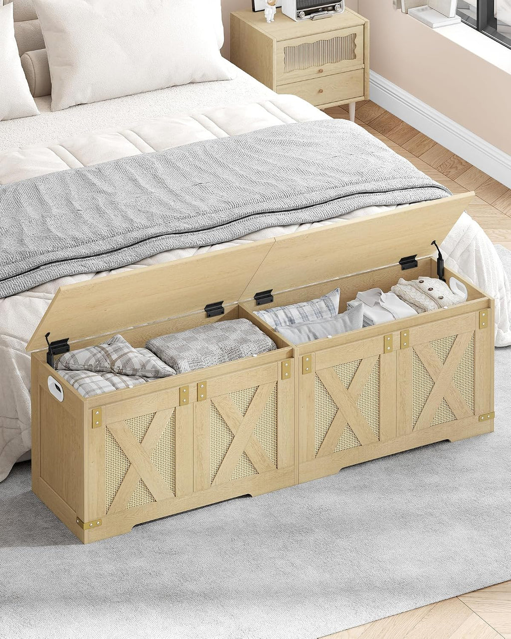 Hzuaneri 59" Boho Storage Chest and Bench | 70 Gal | 330lb Seat | Soft-Close Hinges | Camel Yellow | Shoe and Blanket Storage for Bedroom, Living Room, Entryway | Easy Assembly | SB15002Y