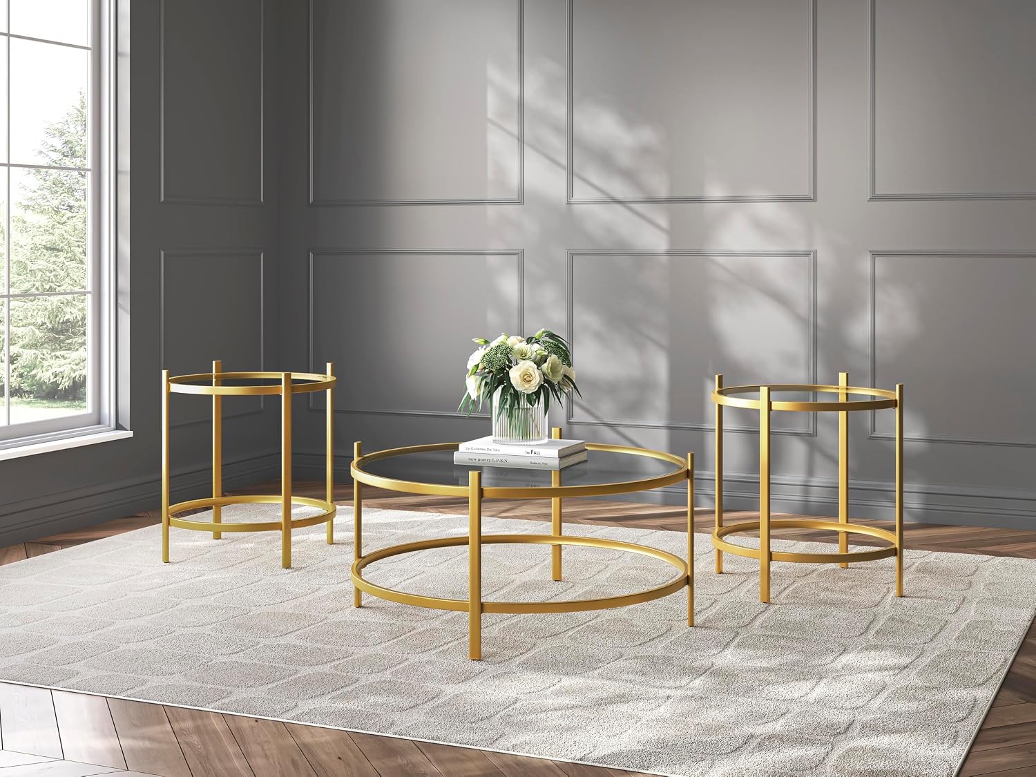 GTU Furniture Casual Glass Square 3-Piece Coffee Table Set, Cocktail Table with 2 Matching End Tables, Gold Finish for Living Room