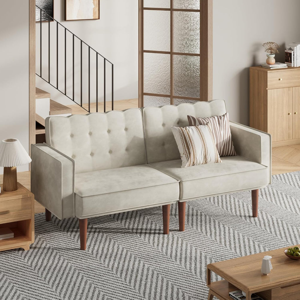 Furnify 71" Velvet Futon Sofa Bed, Versatile Loveseat Couch, Sleeper Sofa with Adjustable Backrest, Mid Century Modern Futon Couch for Small Space, Living Room, Office & Apartment, Velvet Fabric Beige