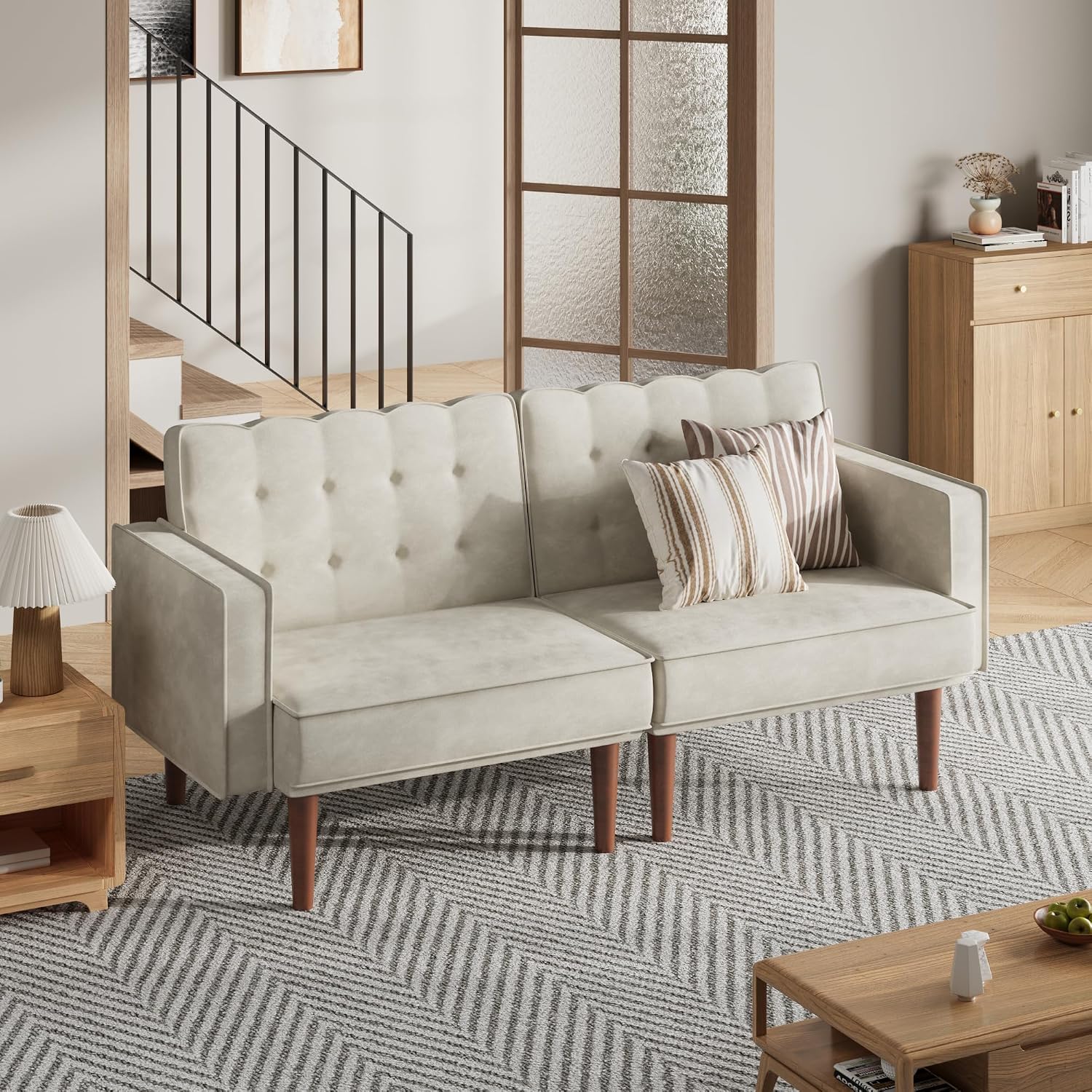 Furnify 71" Velvet Futon Sofa Bed, Versatile Loveseat Couch, Sleeper Sofa with Adjustable Backrest, Mid Century Modern Futon Couch for Small Space, Living Room, Office & Apartment, Velvet Fabric Beige