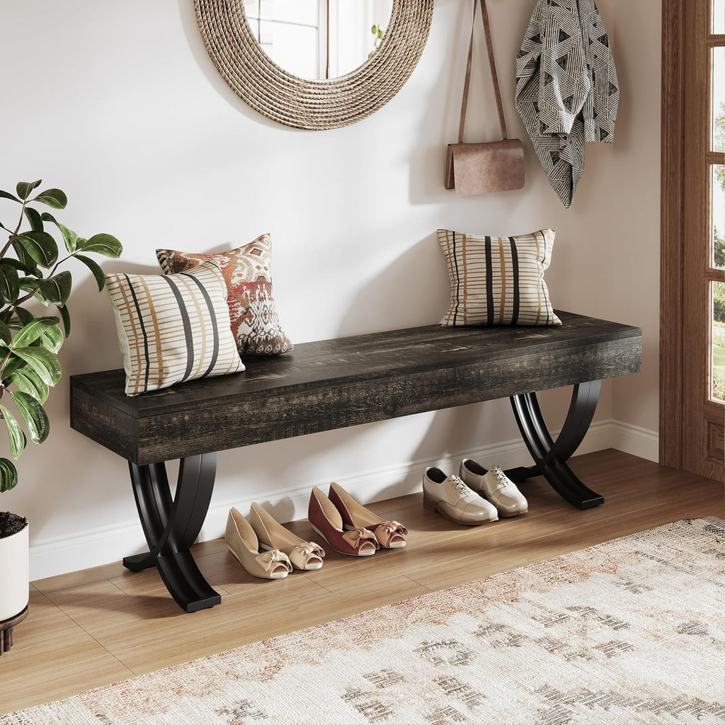 Tribesigns Entryway Shoe Bench, 55-Inch Wooden Shoe Bench with Metal X-Shaped Legs, Industrial Long End of Bed Stool with Seating for Living Room, Bedroom, Hallway, Porch (Oak & Black)
