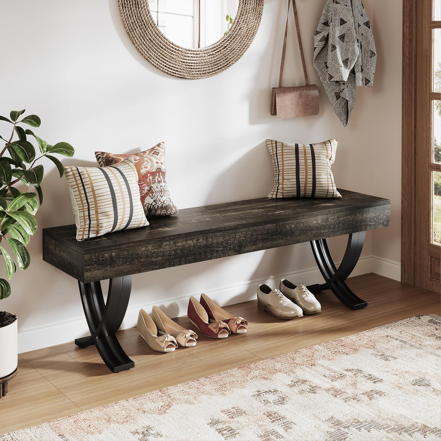 Tribesigns Entryway Shoe Bench, 55-Inch Wooden Shoe Bench with Metal X-Shaped Legs, Industrial Long End of Bed Stool with Seating for Living Room, Bedroom, Hallway, Porch (Oak & Black)