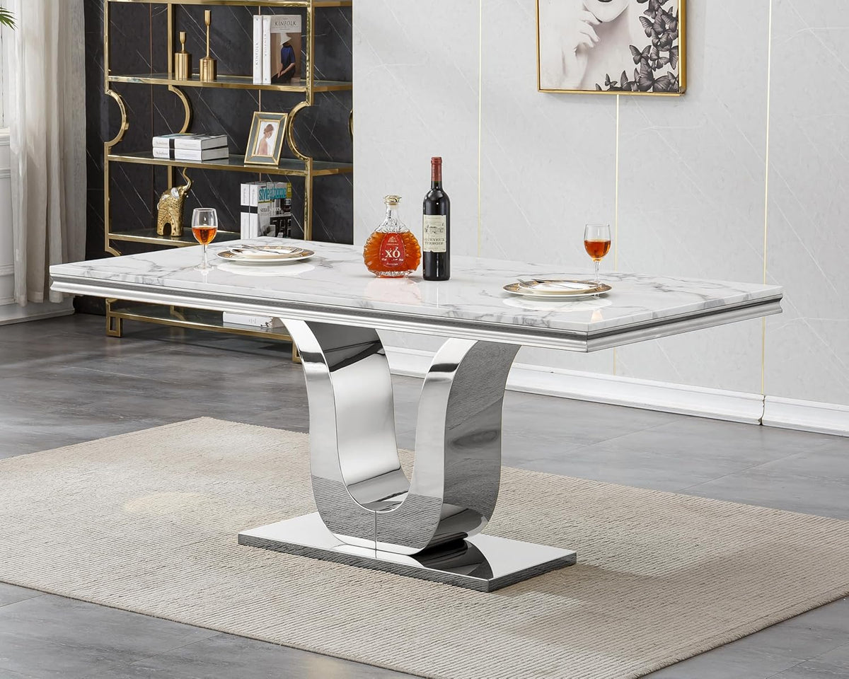 SSLine Modern White Marble Dining Table for 6-8 Rectangle 68" Faux Marble Kitchen Table for 6 Luxury Dining Room Tables with Silver Mirrored Stainless Steel U-Shape Pedestal Base for Home Office