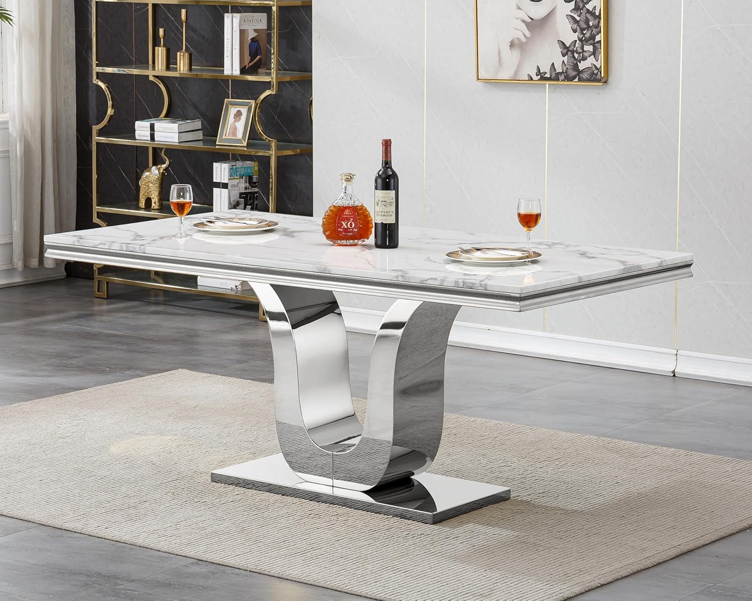 Faux Marble Dining Table for 4 to 6, 68 inch Luxury Dining Room Table with White Faux Marble Top & Silver Stainless Steel U Base, Modern Rectangle Dinner Table for Kitchen Living Dining Room Apartment