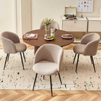 NORDICANA 5-Piece Wooden Round Dining Room Table and Chair Set, 47-Inch Kitchen Table with Barrel Chairs for 4, Brown Upholstered Sherpa Dining Set, MDF Core with Walnut Finish