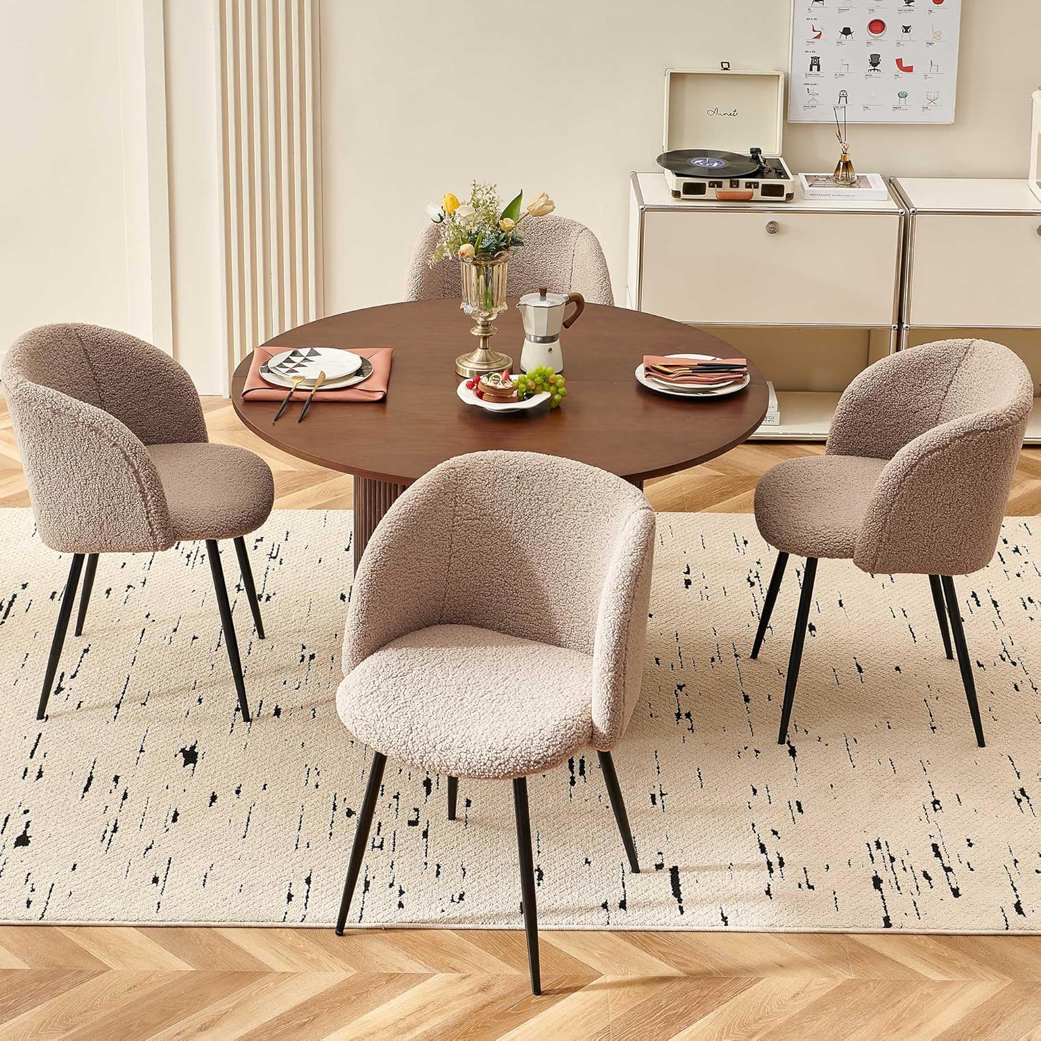NORDICANA 5-Piece Wooden Round Dining Room Table and Chair Set, 47-Inch Kitchen Table with Barrel Chairs for 4, Brown Upholstered Sherpa Dining Set, MDF Core with Walnut Finish