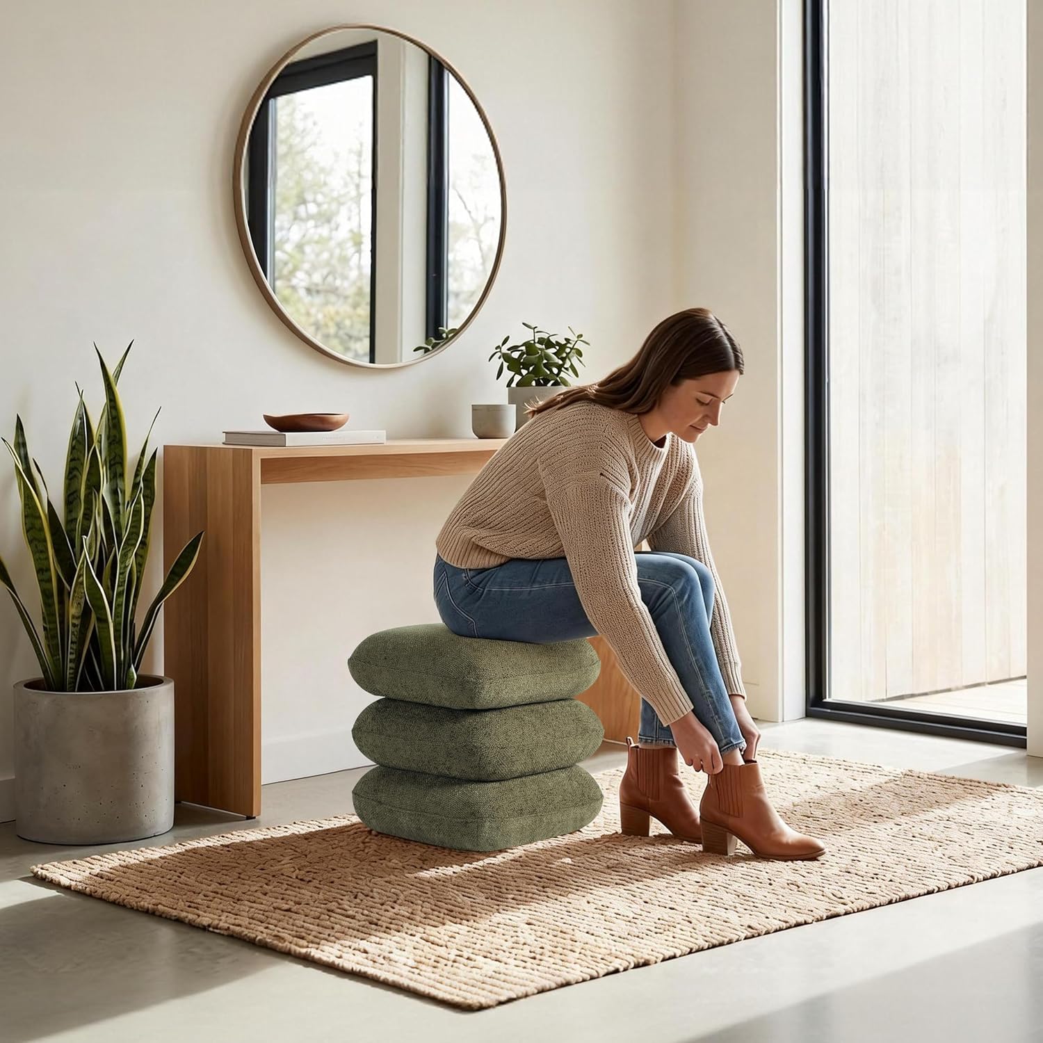 Get Set Style 360° Swivel Linen Ottoman, Modern Upholstered Foot Stool, Multifunctional Vanity Chair Accent Stool for Small Space, Living Room, Bedroom, Entryway, Olive Green