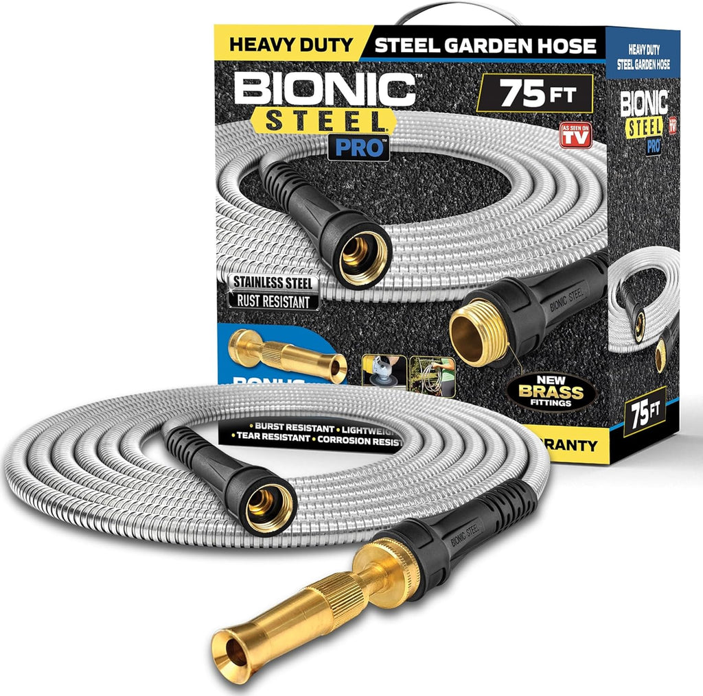 Bionic Steel PRO 75ft Garden Hose with Nozzle, 304 Stainless Steel Metal 75ft Water Hose Flexible Hose, Kink Free, Lightweight & Heavy Duty, Crush Resistant Fitting, Easy Coil, 500 PSI 2025 Model