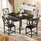 IRONCK Dining Table Set for 4, Round Kitchen Table and 4 Stool Chair for Dining Room, 44.5inch Drop Leaf Desk, Small Space Saving, Black