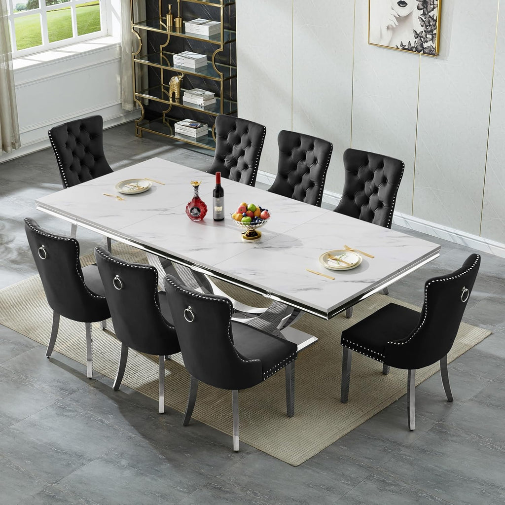 94.5" Large Faux Marble Dining Table Set for 8, Luxury Kitchen Table Set with 8 Chairs, Modern 9-Piece Dining Room Set with White Silver Dinner Table and 8 Black Upholstered Chairs