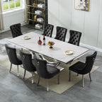 94.5" Large Faux Marble Dining Table Set for 8, Luxury Kitchen Table Set with 8 Chairs, Modern 9-Piece Dining Room Set with White Silver Dinner Table and 8 Black Upholstered Chairs