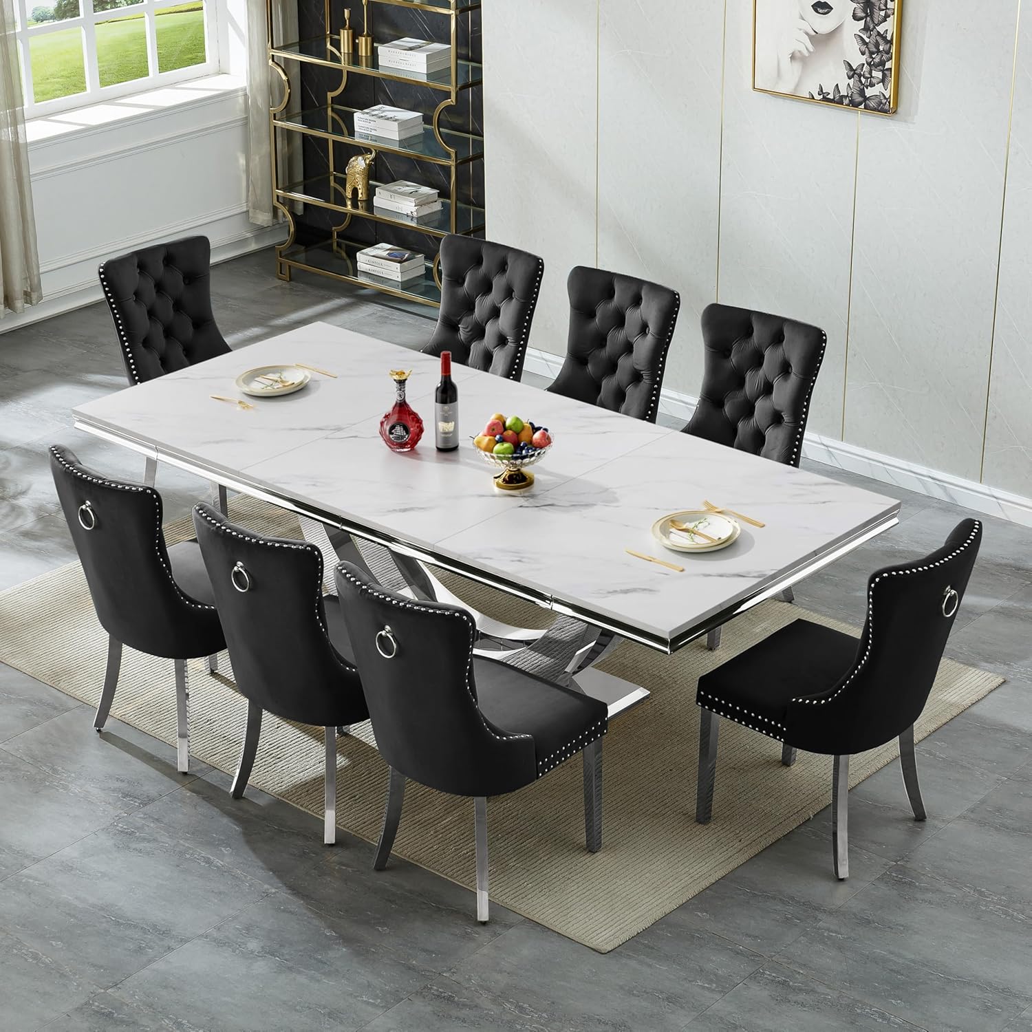 94.5" Large Faux Marble Dining Table Set for 8, Luxury Kitchen Table Set with 8 Chairs, Modern 9-Piece Dining Room Set with White Silver Dinner Table and 8 Black Upholstered Chairs