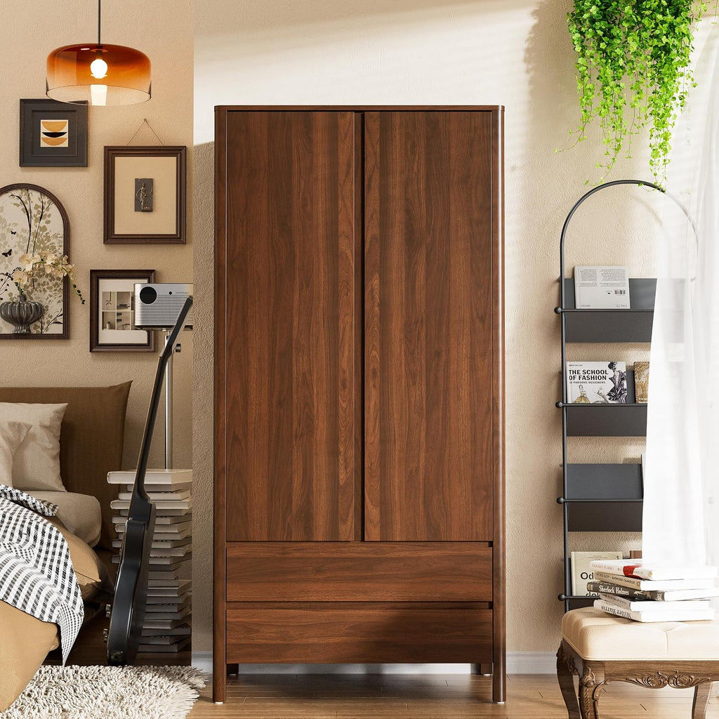 Furniway Armoire Wardrobe Closet, 70.9" Tall Wardrobe Cabinet with 2 Doors, 2 Large Drawers and Hanging Rod, Wooden Clothing Storage Cabinet for Bedroom, Cloak Room, Walnut