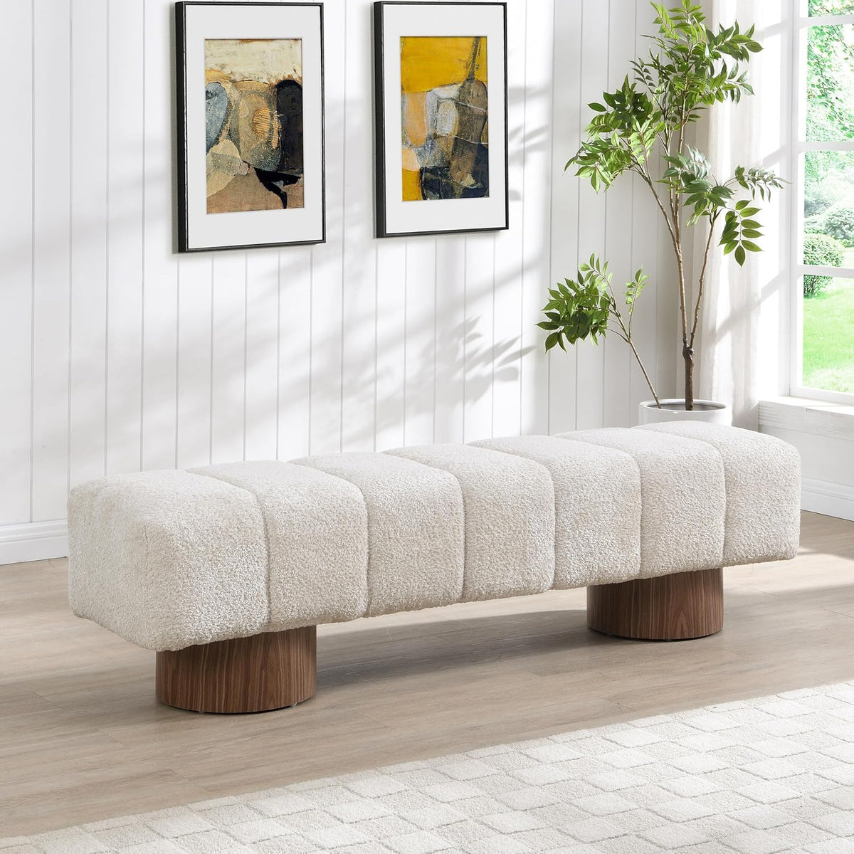 Christopher Knight Home Manila 64" Upholstered Ottoman Bench, Rectangular Dining Seat, Spacious Seating, Long Footstool, Boucle Dining Bench for Living Room Dining Room, No Assembly Needed, Beige
