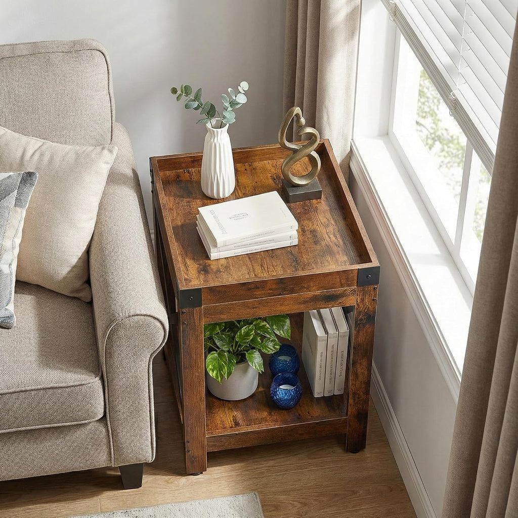 Farmhouse Square Side Table with Open Storage Shelves, Large End Table Modern Sofa Table with X-Metal Frame,Industrial Nightstand Coffee Table for Living Room Bedroom Office Small Spaces, Rustic Brown