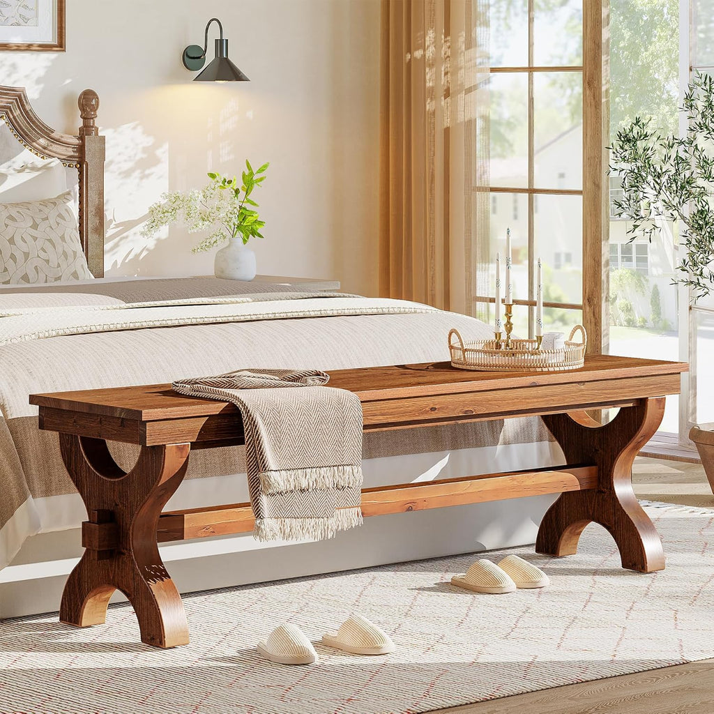 Solid Wood Dining Bench, 55-Inch Long Entryway Shoe Bench, Farmhouse Indoor Seat for Dining Room, Living Room, Hallway, Brown (1, Brown)