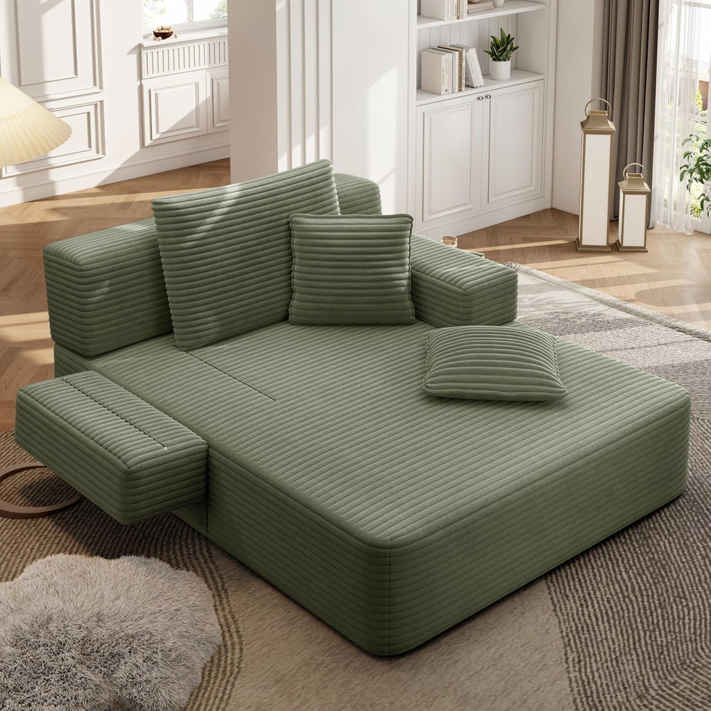 60.2 Inch Chaise Lounge Chair Indoor, Oversized Chaise Lounge with Adjustable Backrest and Armrests, Luxurious Corduroy Convertible Sofa Bed with Storage Pocket for Small Spaces, Apartment (Green)