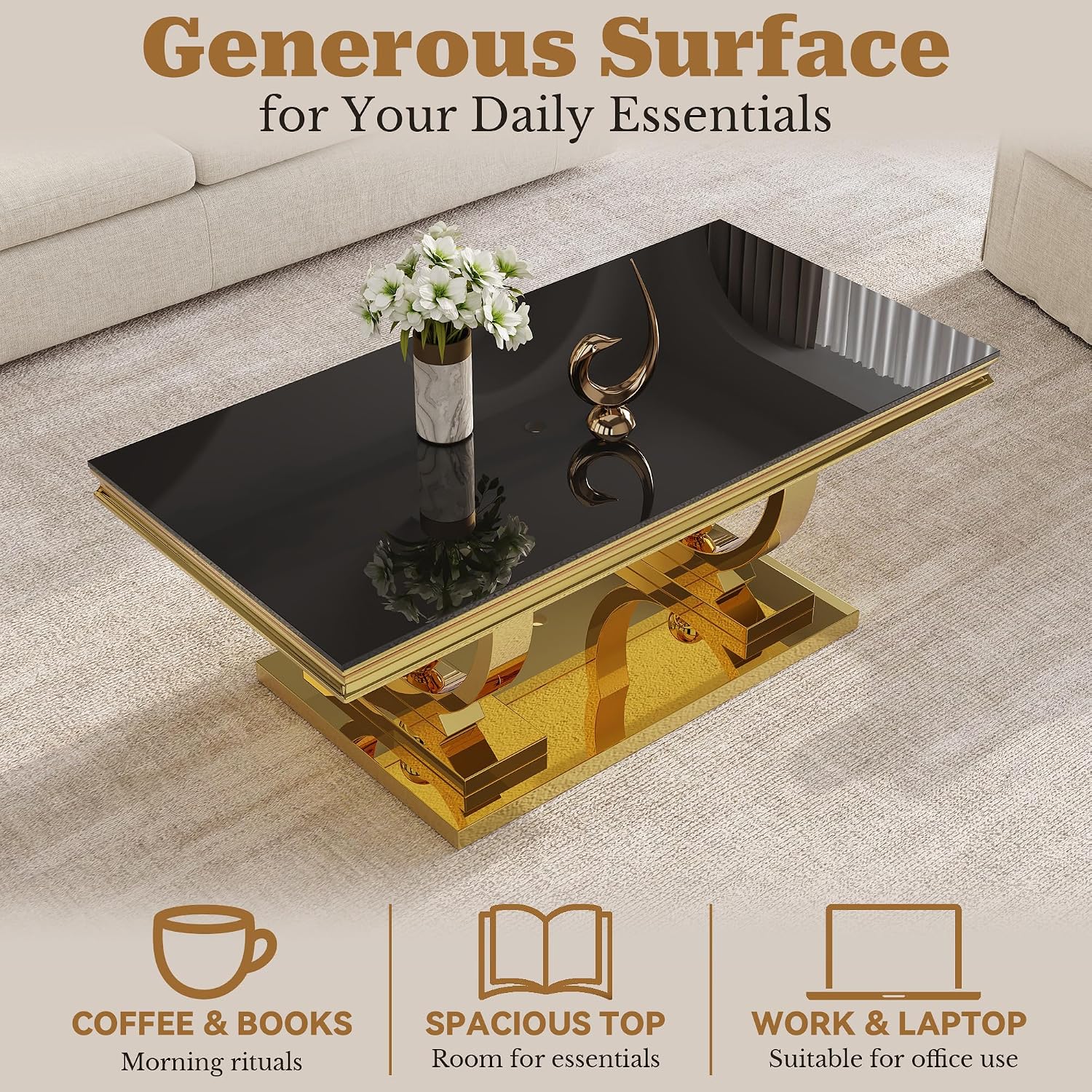 Coffee Table Set of 3, Coffee Table and 2 End Table, Gold/Black | Modern Living Room Table Set of 3, Tempered Glass Top, Stainless Steel Base with Mirror Finish, Easy to Clean & Assembly