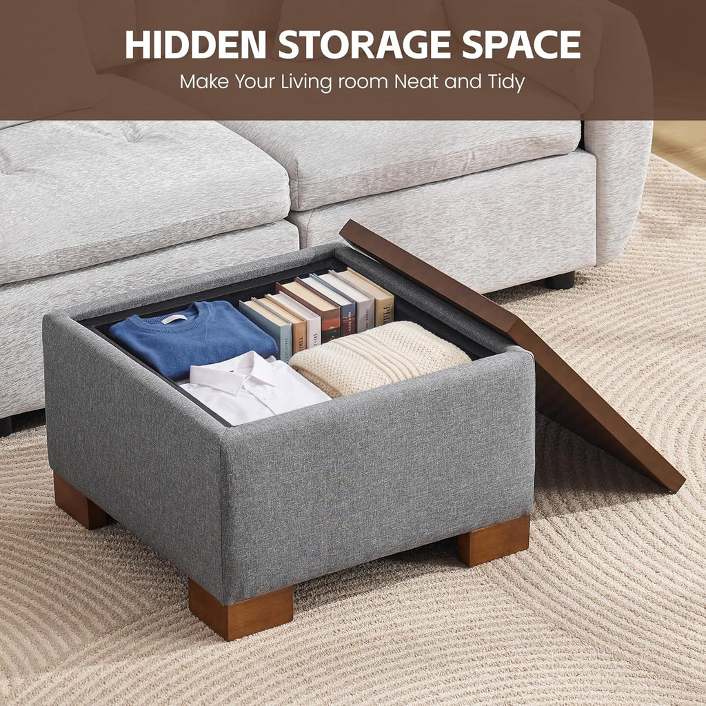 WUTUTUEE 24" Square Ottoman Coffee Table with Storage, Fabric Ottomans with Tray and Solid Wood Legs for Living Room, Bedroom and Apartments, Small Modern Ottoman Tea Table with Lift-Off Lid, Grey