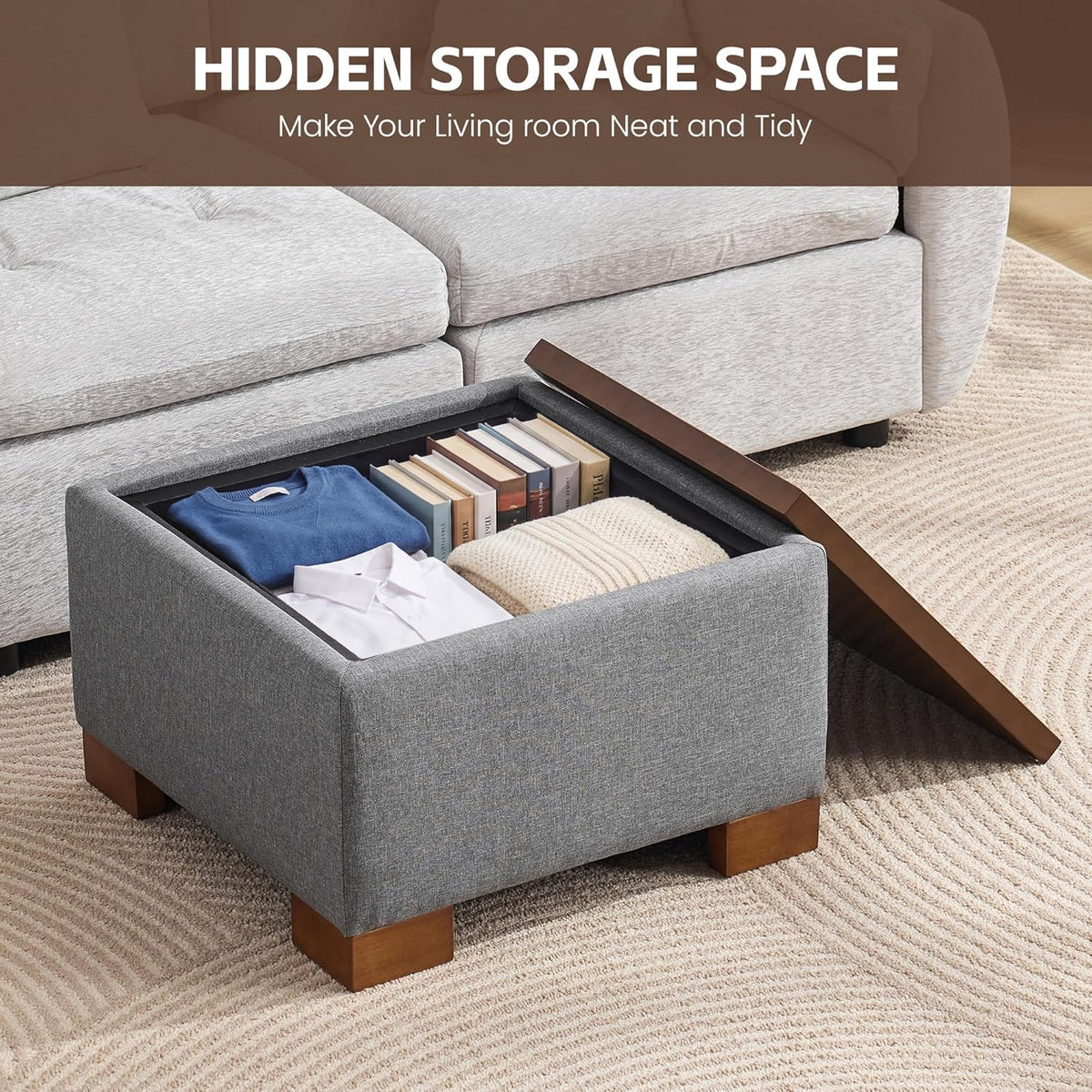 WUTUTUEE 24" Square Ottoman Coffee Table with Storage, Fabric Ottomans with Tray and Solid Wood Legs for Living Room, Bedroom and Apartments, Small Modern Ottoman Tea Table with Lift-Off Lid, Grey