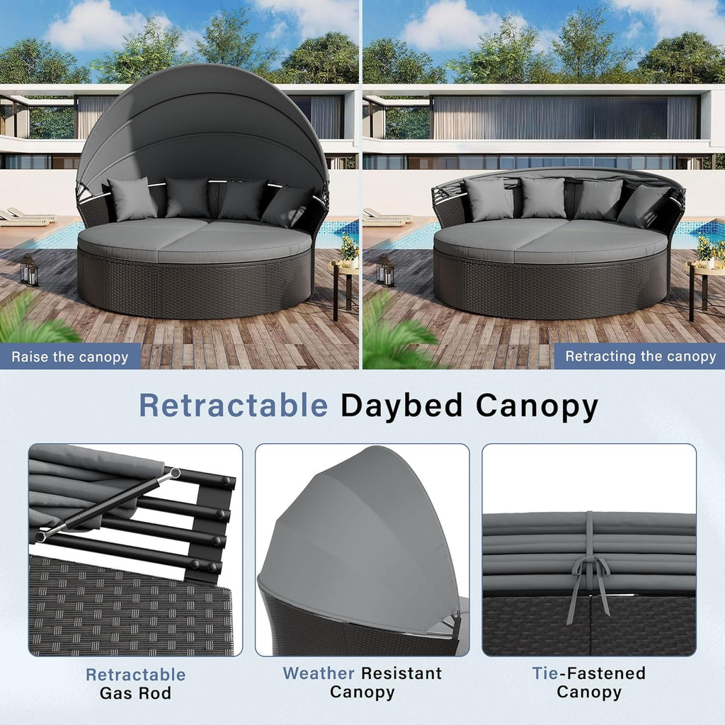 Crownland Round Patio Daybed with Retractable Canopy, Clamshell Wicker Sectional, Outdoor Wicker Furniture Daybed for Backyard, Poolside, or Garden，Grey