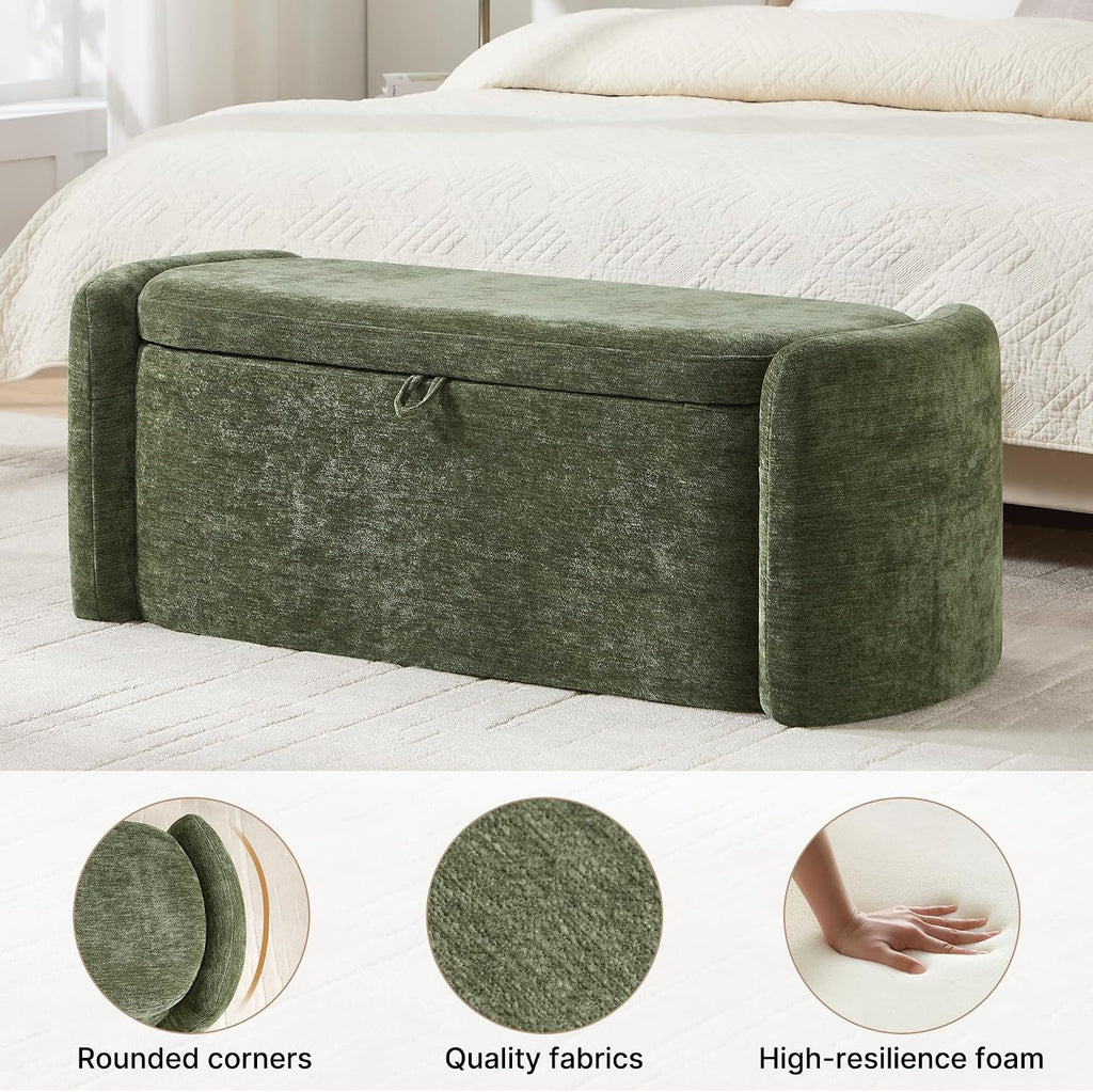 Oval Ottoman Bench with 20 Gal of Storage Space Upholstered Chenille Seat End of Bed Storage Bench Storage Ottoman with Storage for Bedroom, Living Room, Entryway, Window(Green)