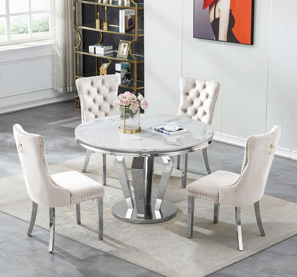 44.88" Round Dining Table Set, Luxury Diamond-Shape Dining Room Table with Faux Marble Top & 4 Beige Tufted Velvet Chairs, White&Silver Circle Kitchen Table and Chairs Set with Stainless Steel Base