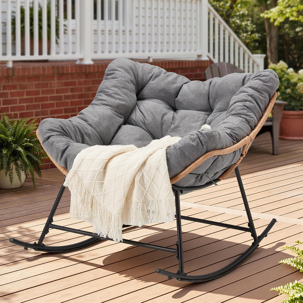 Outdoor Rocking Chair with Thick Cushion, Comfy Rattan Rocker Egg Chair Indoor with Straps, Patio Rocking Chair 450lbs for Garden, Balcony, Lawn, Backyard, Living Room, Bedroom