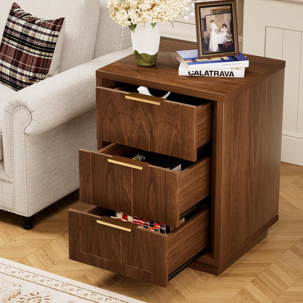 Nightstands Set of 2, Mid Century Modern 3 Drawer Bedside Tables with Arched Fronts and Gold Handles, Walnut End Tables for Bedroom, Living Room, Small Spaces，Walnut