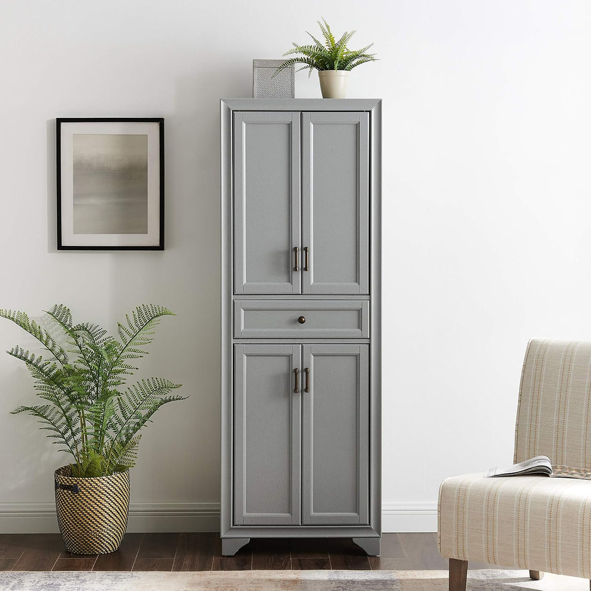 Crosley Furniture Tara Pantry Storage Cabinet with Shelves, Kitchen, Dining, or Laundry Room, Distressed Gray