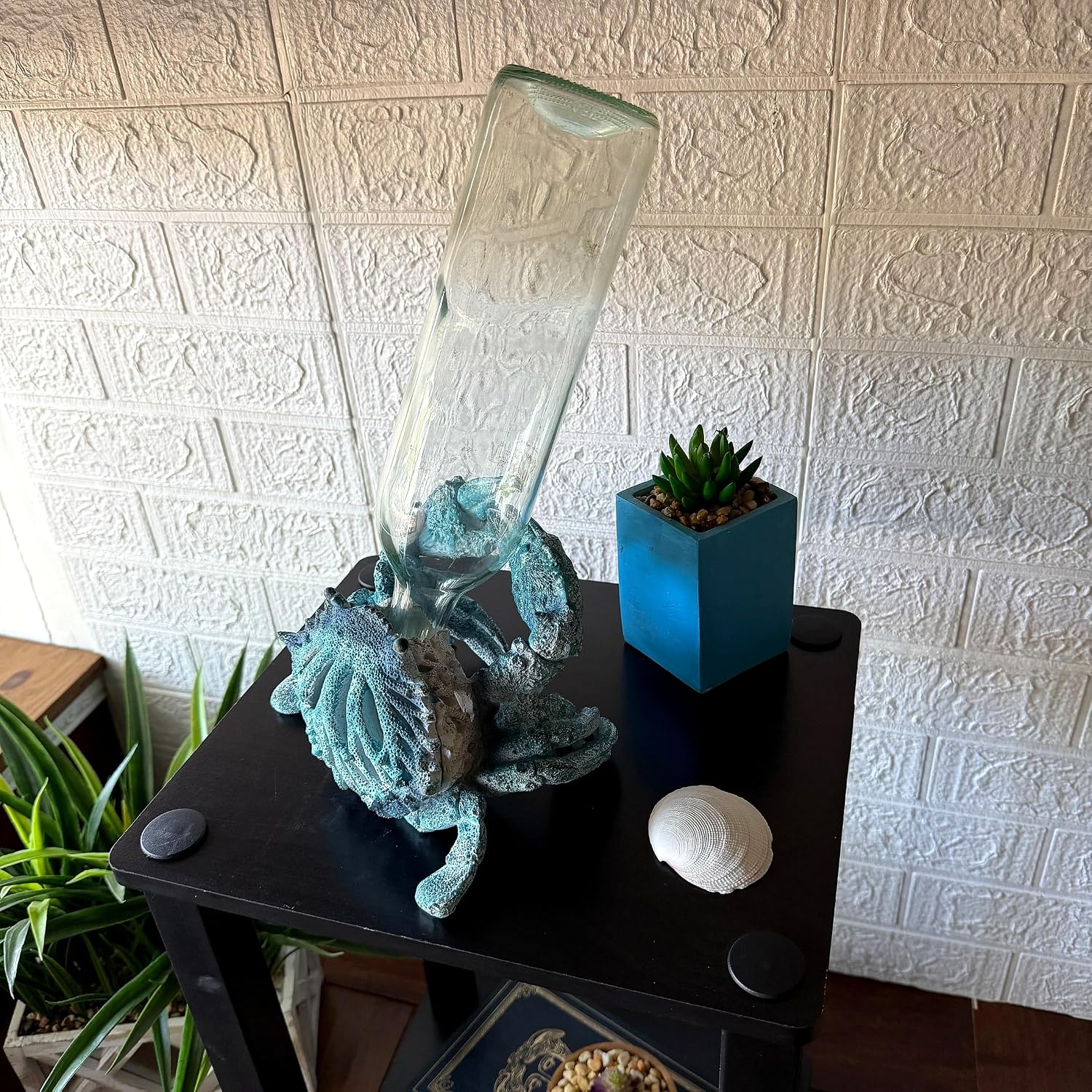 Crab Wine Bottle Holder, 8 Inch Turquoise Resin with Coral-Look Center | Raised Claws, Shell Ridges, Textured Legs, Distressed Whitewashed Finish, Open Center for Angled Display