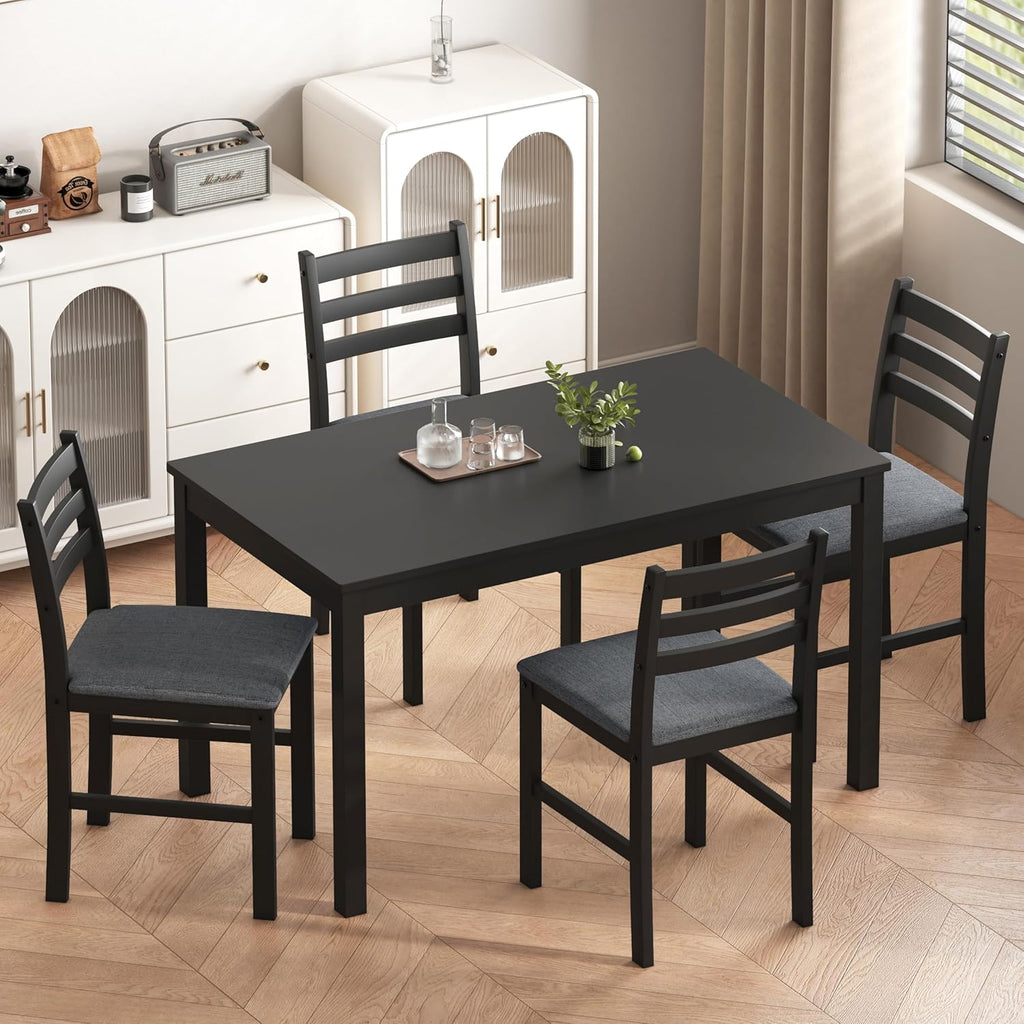 WiberWi Dining Table Set for 4, Solid Wood Kitchen Table and Chairs Set of 4, 43.3” Space-Saving Mid Century Modern Dining Room Table with Upholstered Chairs, Black