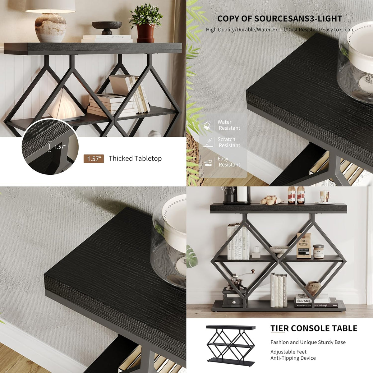 Garvee 3 Tier Console Table with Open Wood Shelves,39" Industrial Entryway Table,Sofa Table,Narrow Wood Accent Tables with Metal Frame for Hallway,Living Room,Behind Couch,Foyer,Entrance,Black