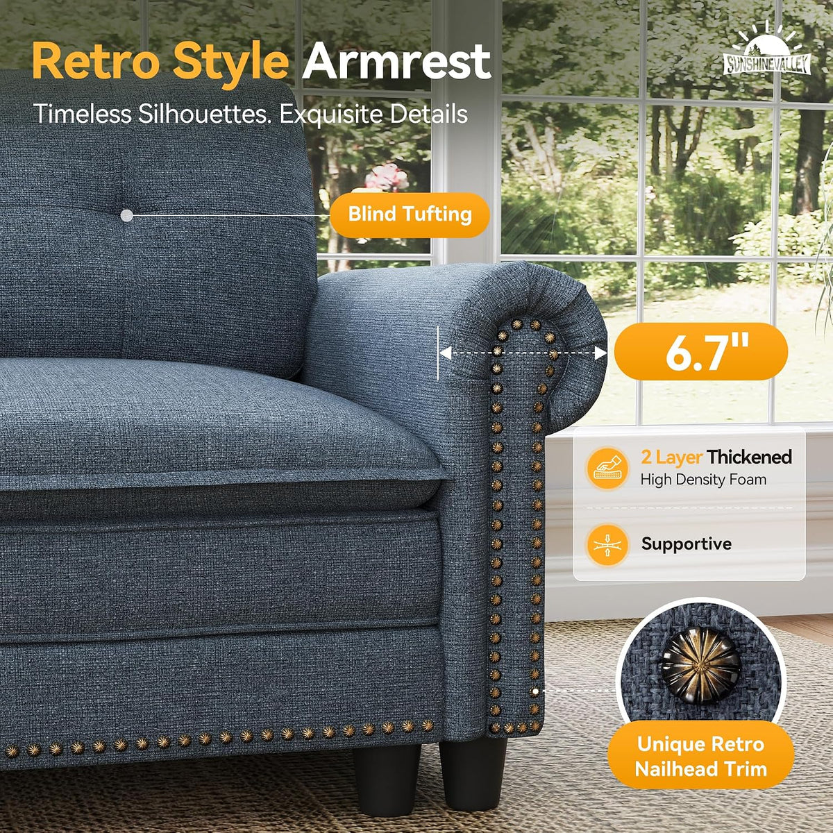 SUNSHINE VALLEY Modular Sectional Sofa and Loveseat Set Living Room 3-Piece | Mid-Century Modern 7-Seater Cloud Couch Set, Blue, Rolled Arms & Nailhead Trim, Wider & Deeper Seats, Linen Furniture Set