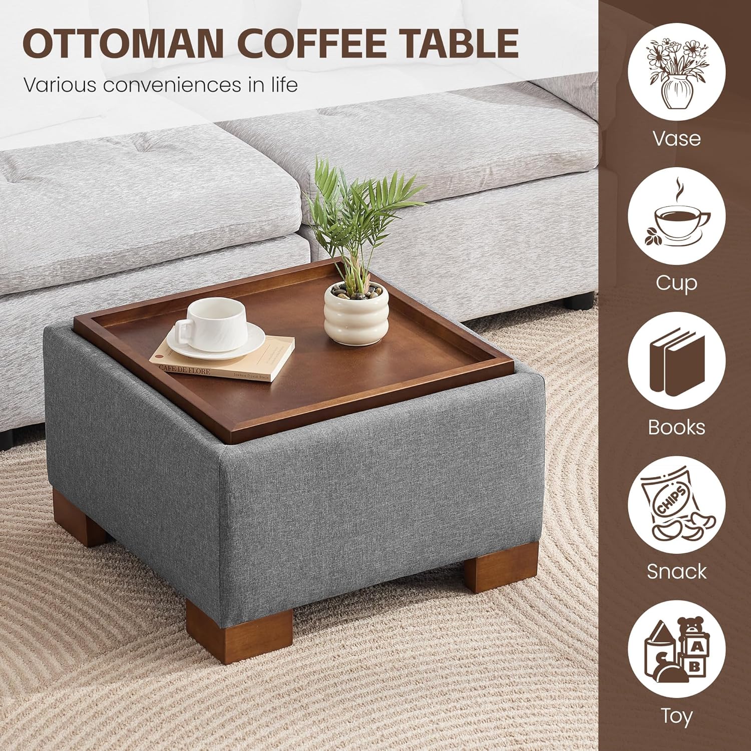 WUTUTUEE 24" Square Ottoman Coffee Table with Storage, Fabric Ottomans with Tray and Solid Wood Legs for Living Room, Bedroom and Apartments, Small Modern Ottoman Tea Table with Lift-Off Lid, Grey