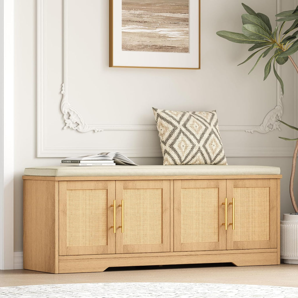 Rattan Shoe Storage Bench, 47.2" Wide Entryway Bench, Natural Oak | 2 Tier Shoe Bench with Padded Cushion, Hidden Shoe Rack Bench with Adjustable Shelves, for Hallway Living Room, Bedroom