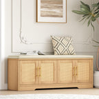 Rattan Shoe Storage Bench, 47.2" Wide Entryway Bench, Natural Oak | 2 Tier Shoe Bench with Padded Cushion, Hidden Shoe Rack Bench with Adjustable Shelves, for Hallway Living Room, Bedroom