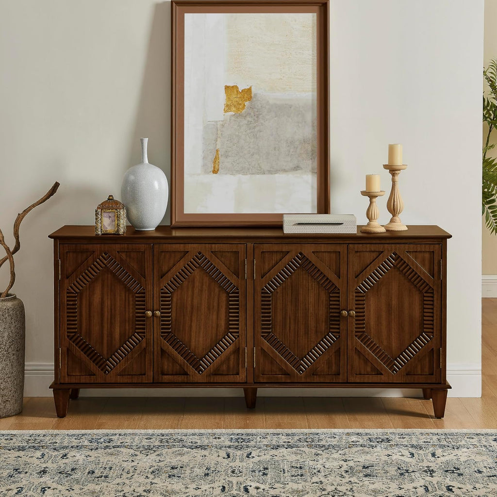 KEIKI 65.2" Mid Century Modern Sideboard Buffet Cabinet with Storage, Walnut Credenza Console Table with Adjustable Shelf, Farmhouse Coffee Bar Wine Cabinet for Living Room, Entryway, Kitchen, Walnut