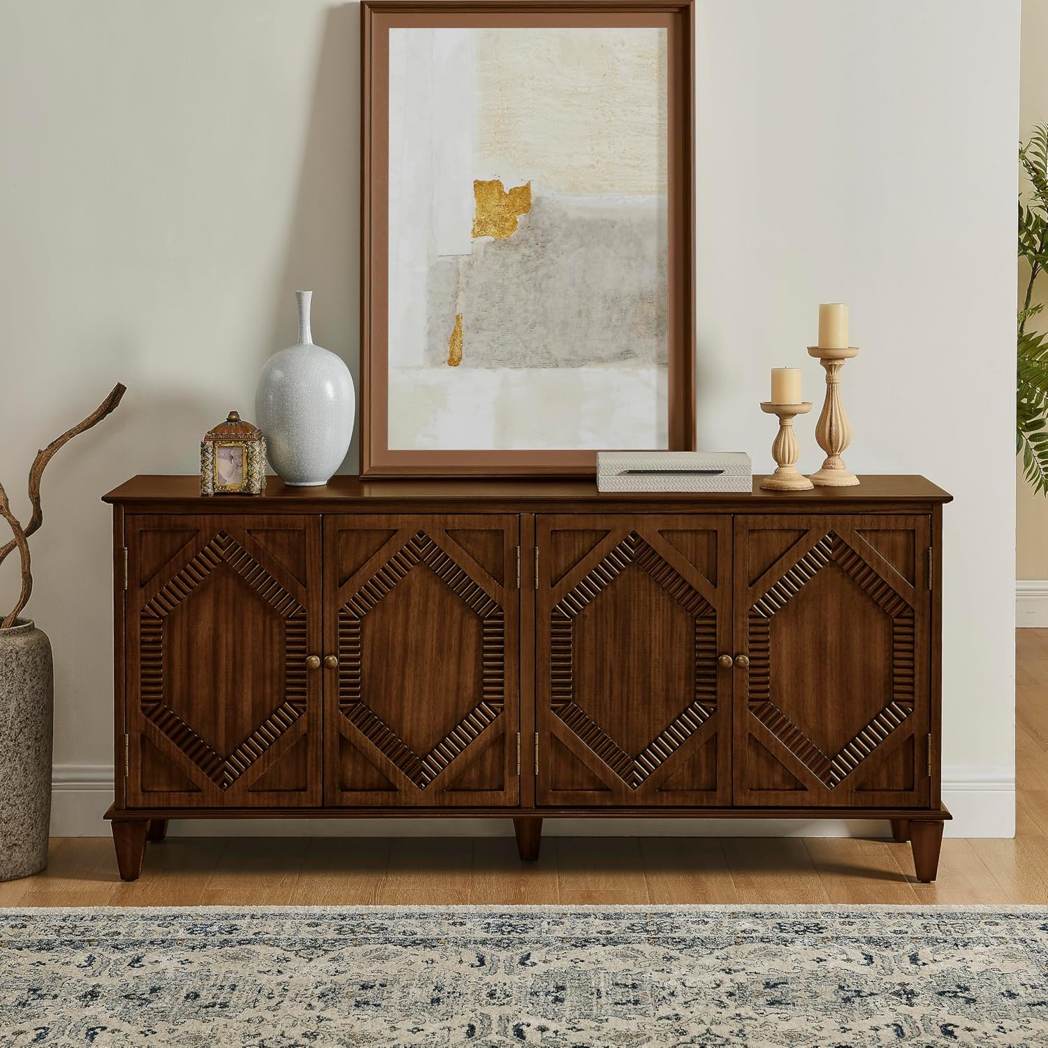 KEIKI 65.2" Mid Century Modern Sideboard Buffet Cabinet with Storage, Walnut Credenza Console Table with Adjustable Shelf, Farmhouse Coffee Bar Wine Cabinet for Living Room, Entryway, Kitchen, Walnut