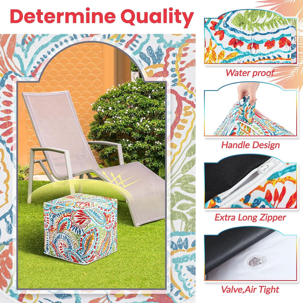 Juexica 2 Pack Inflatable Outdoor Ottoman Pouf Waterproof Cube 16" Square Blow up Ottoman Footrest with Handle Outdoor Portable Footstool for Patio Garden Camping or Home Pool(Retro,Red)