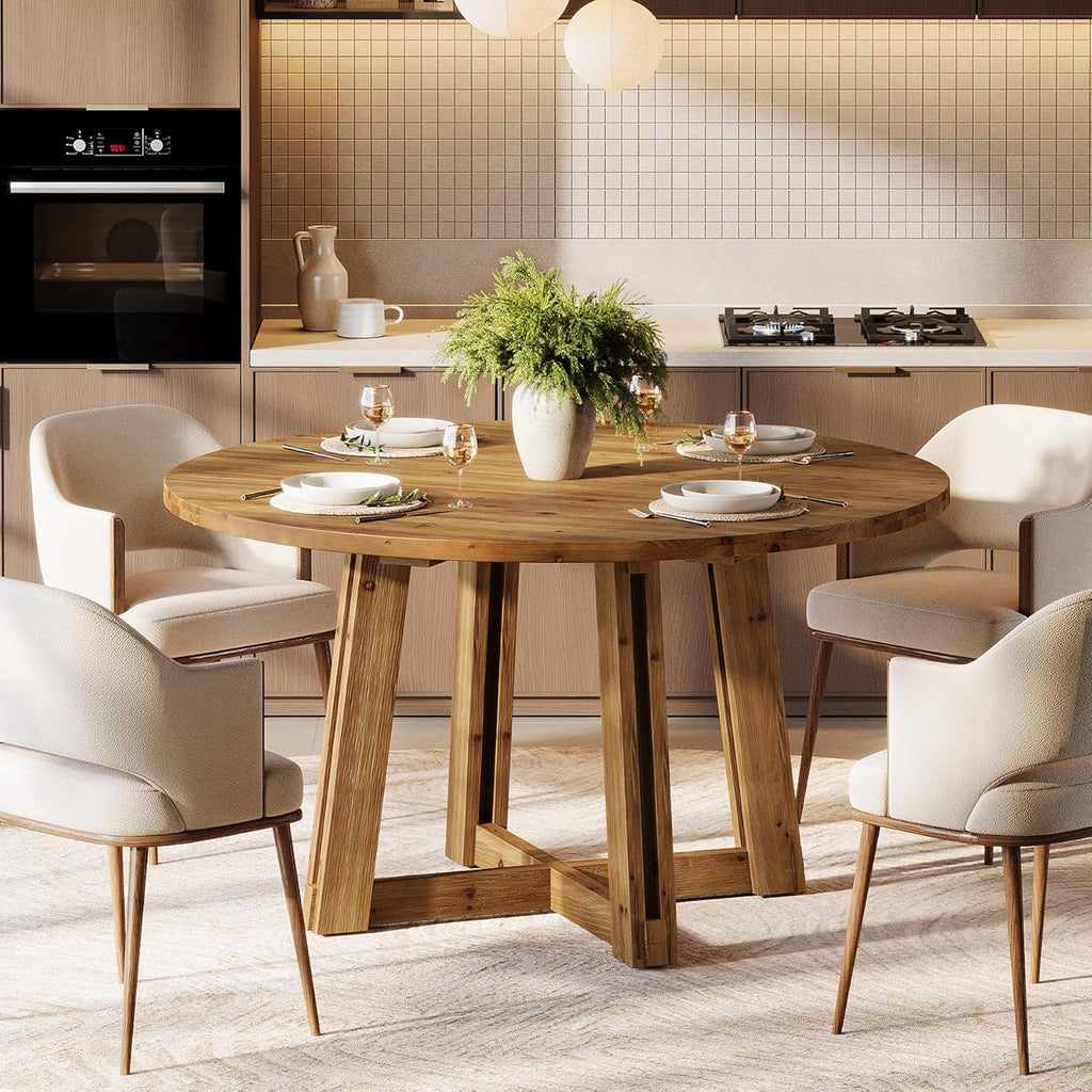 47.3" Solid Wood Dining Table for 4-6, Round Wood Kitchen Table | Farmhouse Kitchen & Dining Room Table, Sturdy and Stable, Circle Dinner Table with Wood Legs, Easy Assembly, Rustic Brown