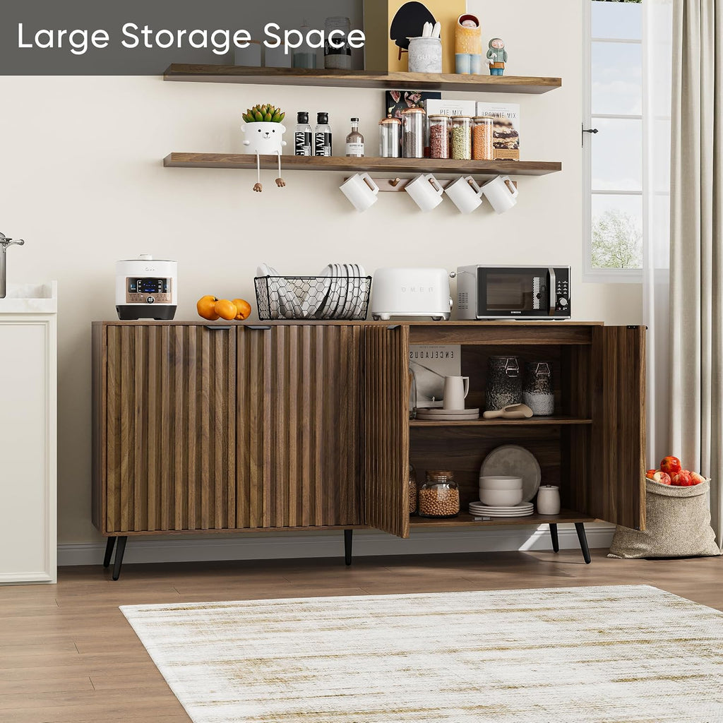 Smuxee 63" Fluted Sideboard Cabinet, Freestanding Walnut Buffet Cabinet with Adjustable Shelf, Wood Storage Cabinet for Living Room, Entryway, Hallway