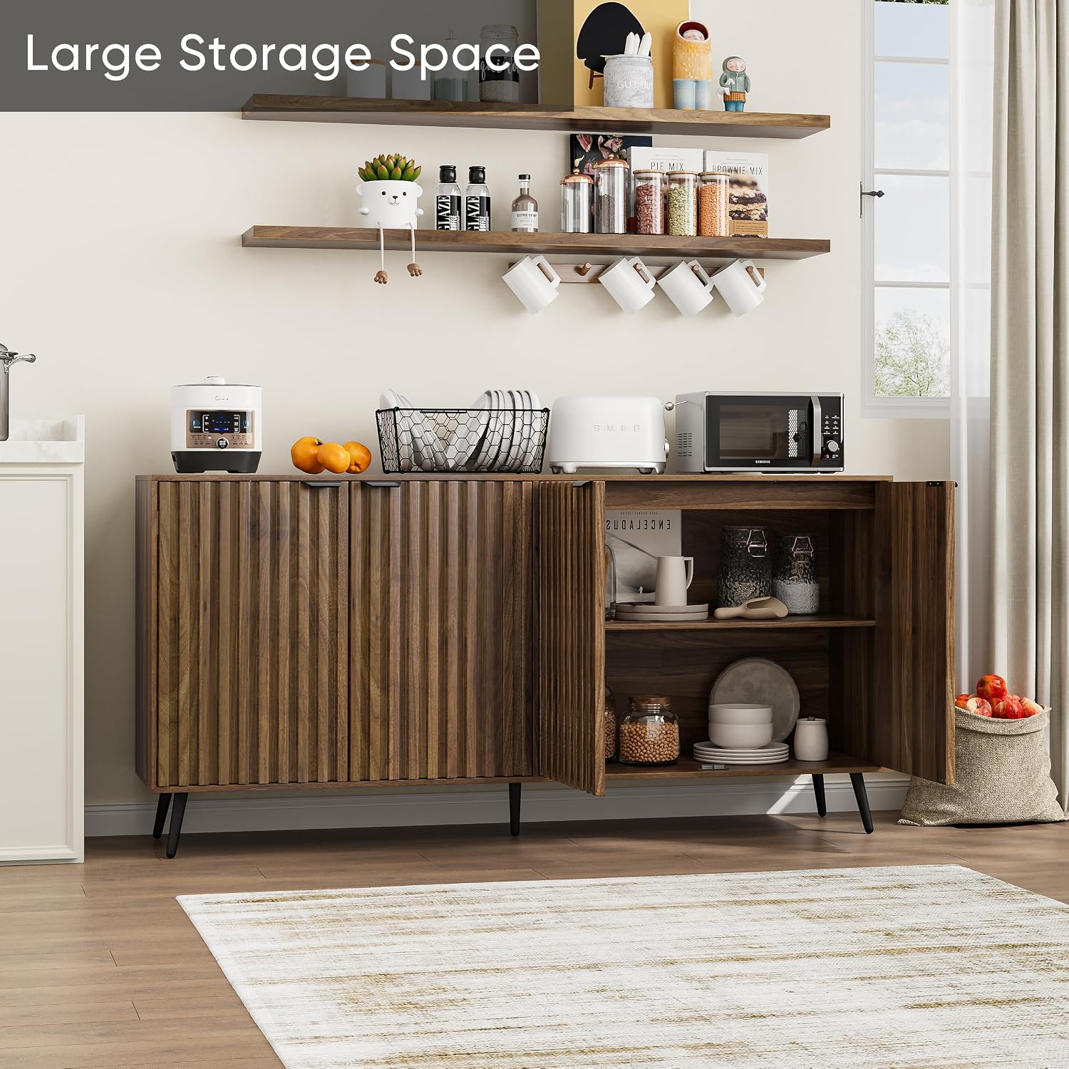 Smuxee 63" Fluted Sideboard Cabinet, Freestanding Walnut Buffet Cabinet with Adjustable Shelf, Wood Storage Cabinet for Living Room, Entryway, Hallway