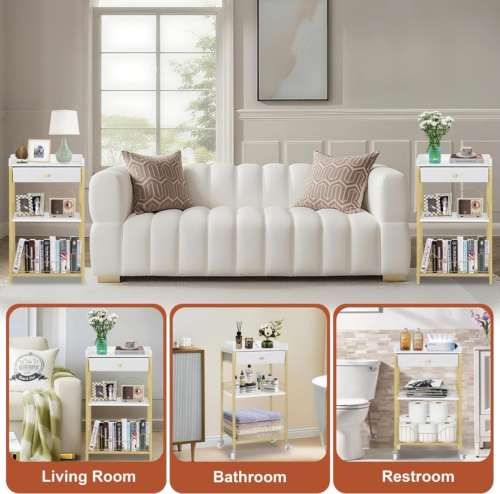 Gold & White Side Table with Storage Basket, Tall End Table with Drawer, 4-Tier Bathroom Storage Shelf with Optional Wheels, Nightstand for Dorm, Living Room, Bedroom