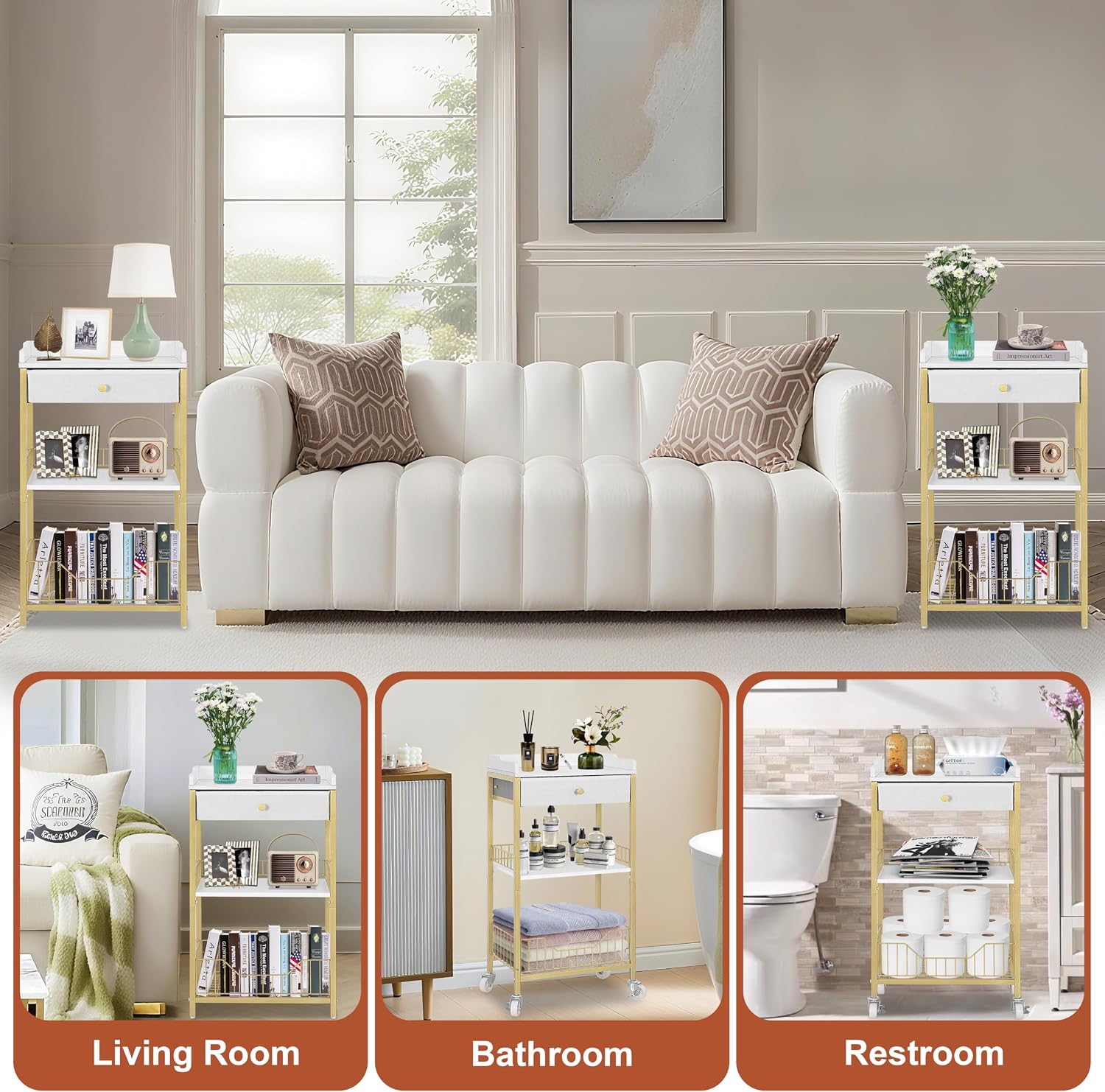 Gold & White Side Table with Storage Basket, Tall End Table with Drawer, 4-Tier Bathroom Storage Shelf with Optional Wheels, Nightstand for Dorm, Living Room, Bedroom