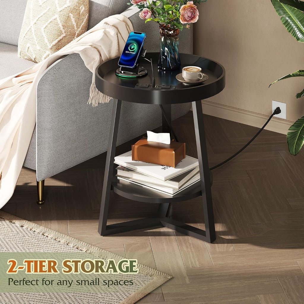 WLIVE Small Round Side Table with Charging Station, Round Coffee Table, 2 Tier End Table for Living Room/Bedroom, Sofa Couch, Easy to Assemble, Wood Tabletop & Metal Frame, Black