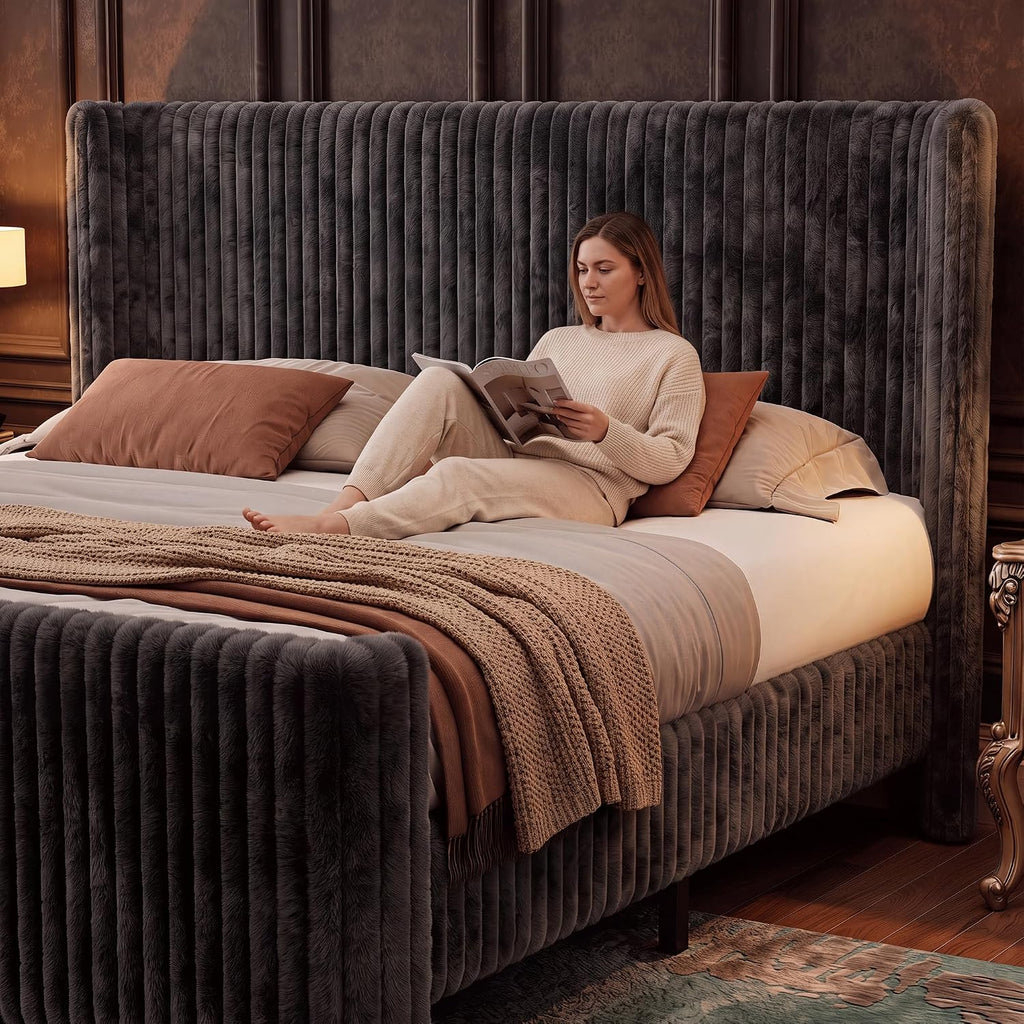 Queen Bed Frame with Faux Fur Upholstered Curved Wingback Headboard & Footboard, Platform Bed with Removable Washable Cover & Wood Slats, Noise-Free, No Box Spring Needed, Easy Assembly, Grey